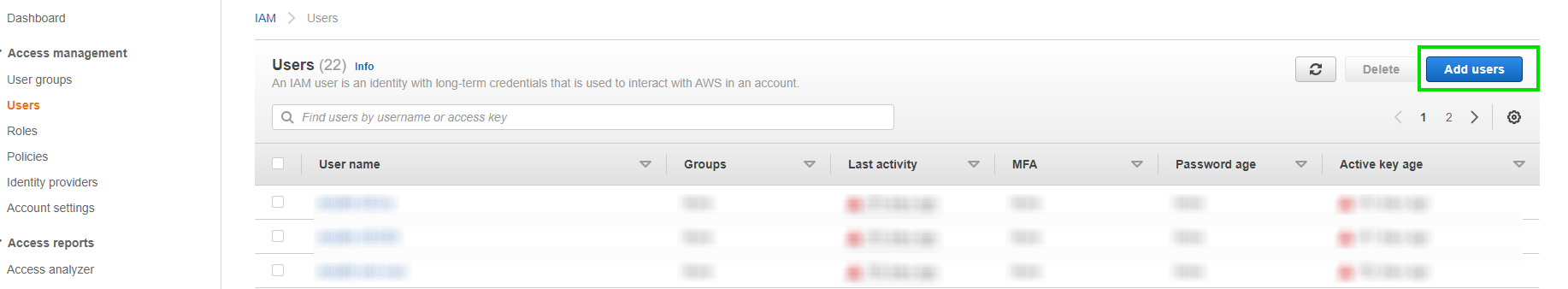 IAM users screen with option add new user