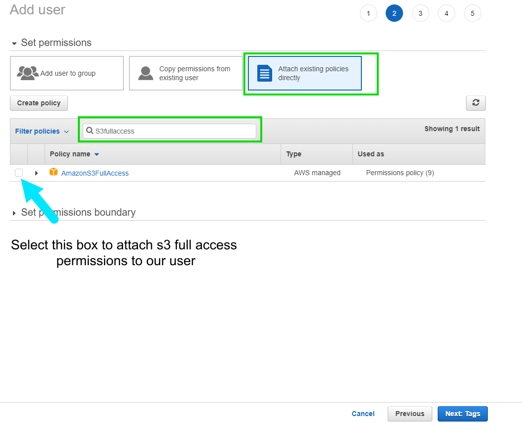 Attaching s3fullaccess policy to IAM user